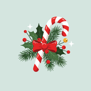 Christmas candy cane with red bow and holly leaves festive holiday decoration vector illustration 