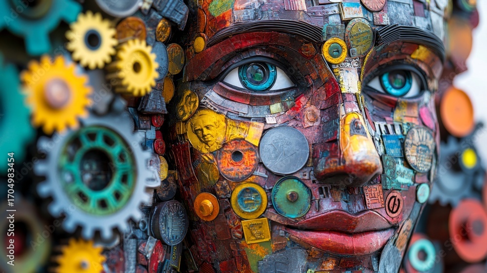 Wall mural a vibrant portrait created from mixed materials showcases intricate details. colorful gears and patt