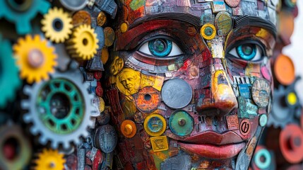 Fototapeta premium A vibrant portrait created from mixed materials showcases intricate details. Colorful gears and patterns reflect a unique blend of technology and art. Generative AI.