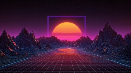 A vibrant, retro-futuristic road stretches into a sunset.