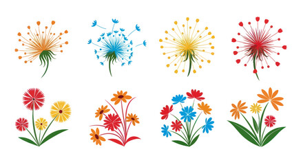 Set of colorful stylized dandelions and wildflower bouquets illustration.