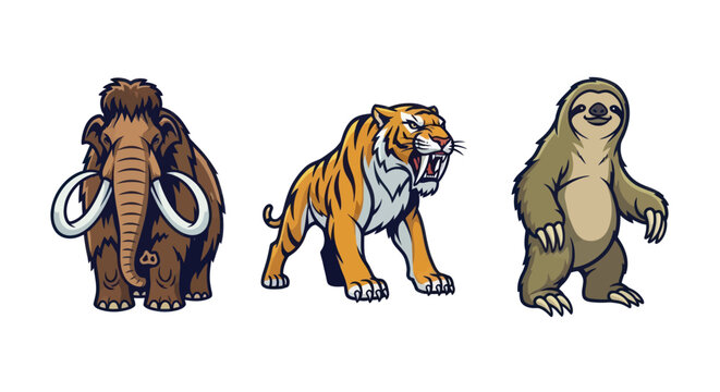 Three prehistoric animals a woolly mammoth saber tooth tiger and giant ground sloth.