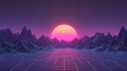 A vibrant, retro-futuristic road stretches into a sunset.