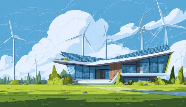 Modern eco-friendly home with wind turbines and solar panels