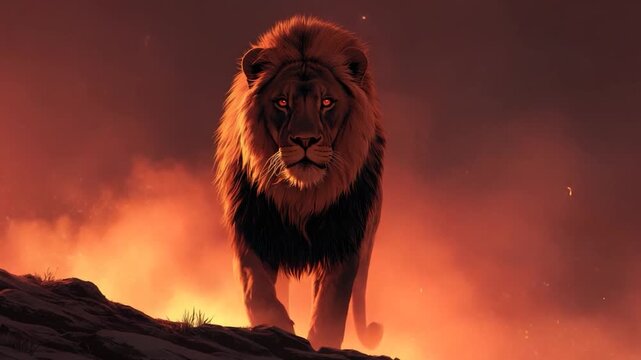 Majestic lion walking. Dramatic lighting, intense gaze in hazy landscape