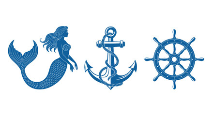Nautical Trio: Mermaid Anchor and Ship Wheel in Blue. © anidaahza