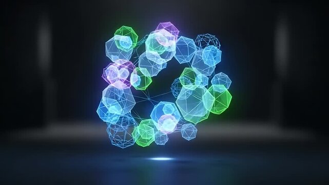 Ethereal Geometric Network: Pulsating Polyhedrons in Neon Glow, Abstract Digital Artistry