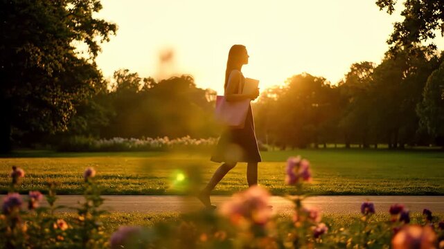 Silhouette of a woman walking through a serene park at sunset, carrying a pink tote bag and book, surrounded by blooming flowers and lush greenery, with the golden sun casting warm hues across the