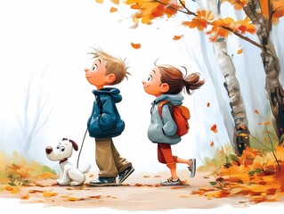 Children walking with dog in autumn forest enjoying falling leaves