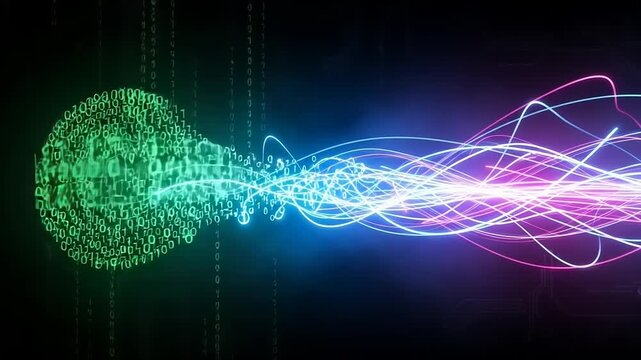 Digital Data Stream: Binary Code Transformation into Light Waves - Tech Visual