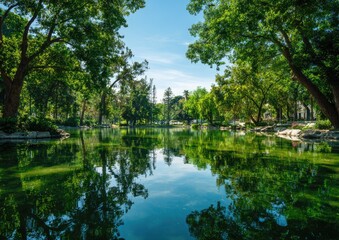 Serene park pond reflecting lush trees
