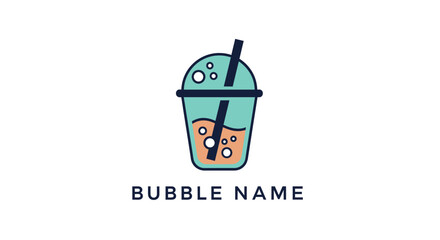 A minimalist logo design featuring a bubble tea cup with a straw, showing two layers of liquid and bubbles, with 'BUBBLE NAME' text below.