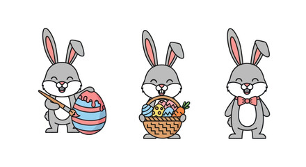 Set of three cute cartoon Easter bunny characters.