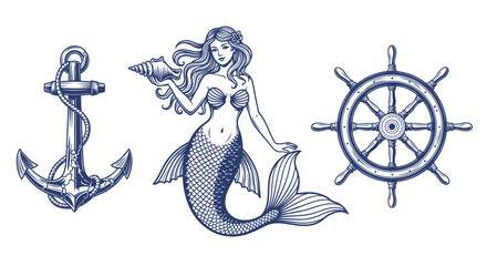 Nautical Mermaid and Anchor Illustration. © anidaahza