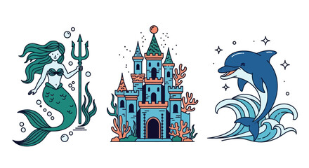 Underwater Fantasy: Mermaid Castle and Dolphin Cartoon Collection.