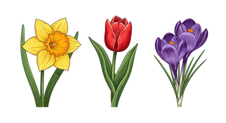 Botanical illustration of yellow daffodil red tulip and purple crocus flowers.