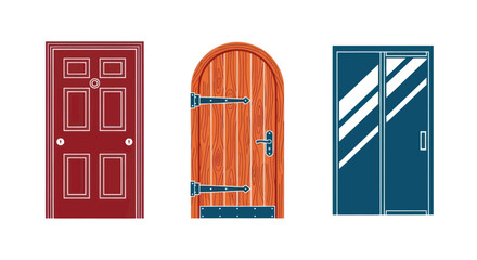 Three Different Door Styles: Red Wooden Arch and Modern Blue Glass.