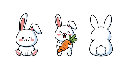 Obraz premium Cute cartoon bunnies in various poses one winking one with a carrot.