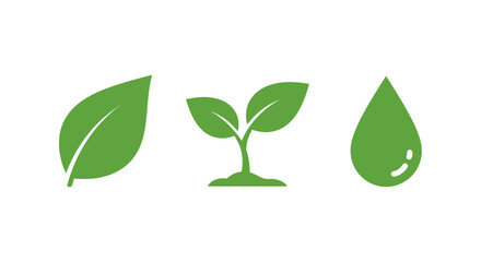 Green Leaf Seedling and Water Drop Icons for Nature and Sustainability.