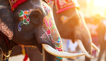 Decorated elephants in a vibrant festival setting.