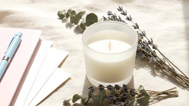Serene morning scene with lavender sprigs, white candle, and pastel pink notebook on a sunlit table, featuring a blue pen and scattered envelopes, capturing a peaceful and calming atmosphere