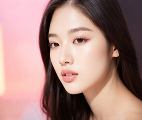 Naklejka premium Close-up portrait of a person with smooth skin and soft makeup against a gradient background