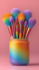 Fototapeta premium Colorful makeup brushes in a rainbow-hued jar