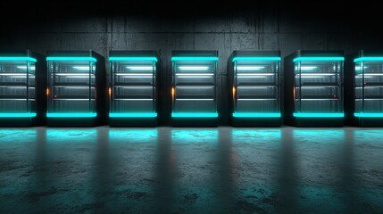 Modern dark data center with energy-efficient LED lighting for optimal performance, A glimpse inside a modern dark data center with LED lighting