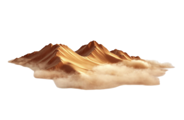 A majestic mountain range with golden peaks emerging from soft, ethereal clouds, isolated on transparent background