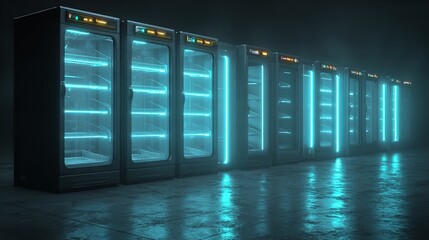 Modern dark data center with energy-efficient LED lighting for optimal performance, A glimpse inside a modern dark data center with LED lighting