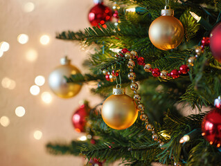 Obraz premium Christmas Tree Ornaments and Lights Close-up