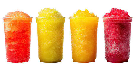 Four colorful frozen drinks in clear plastic cups