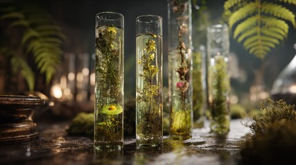 The collection of glass bottles filled with natural herbs and essential oils.