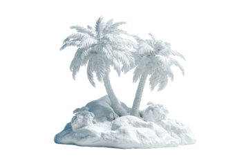 Two stylized, white palm trees on a small, snow-like island