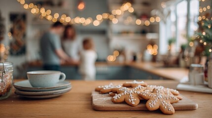 Bright Kitchen Interior with Gingerbread Cookies and Multiracial Family Baking Together
