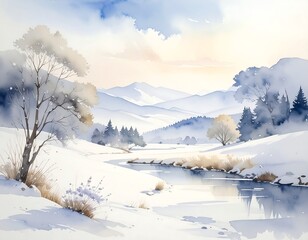 Winter landscape watercolor