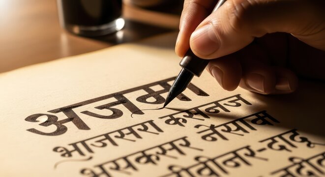Close-up of a Hand Writing Devanagari Script with a Nib Pen