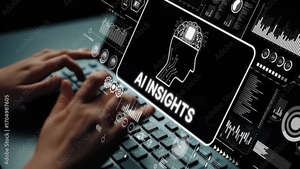 Aufkleber futuristic concept of artificial intelligence insights and data analysis with hands typing on keyboa