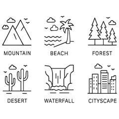 natural and urban scenery, mountain, beach, forest, desert, waterfall, 
cityscape, canyon vector