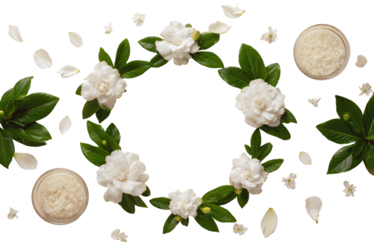 White flowers and leaves create a circular frame, with scattered petals and cream-colored containers