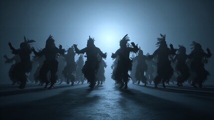 Medieval battle scene with cavalry and infantry. Silhouettes of figures as separate objects, fight between warriors on dark toned foggy background