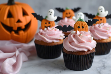 Creative food holiday template. Cupcake muffin with icing frosting topping of Halloween Jack O Lantern ,ghost, bat with pumpkin and pink linen cloth surrounding. copy text space.	
