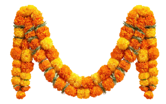Floral garland in the shape of the letter "M".  Double arch design of orange and yellow marigold flowers.  Green stems and leaves are interwoven.  Isolated on a black background