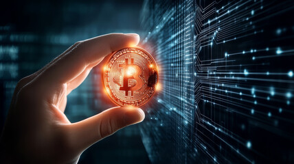 Hand coin glowing digital shield cryptocurrency technology futuristic security finance