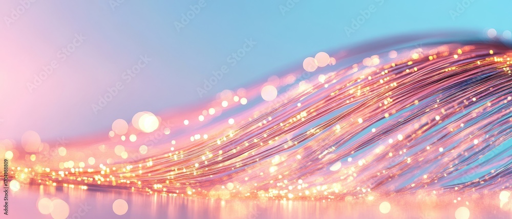 Poster illuminated golden lines flowing on soft light. glowing particles on networks. communication infrast