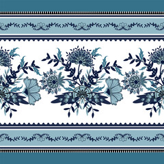 Flower chintz indian pattern seamless vector border print. Botanical batik paisley background. Arabesque floral ornament motif for decoration fabric, women clothing, scarf, wallpaper design.