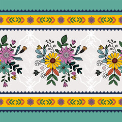 Flower chintz indian pattern seamless vector border print. Botanical batik paisley background. Arabesque floral ornament motif for decoration fabric, women clothing, scarf, wallpaper design.