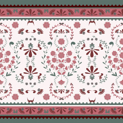 Flower chintz indian pattern seamless vector border print. Botanical batik paisley background. Arabesque floral ornament motif for decoration fabric, women clothing, scarf, wallpaper design.