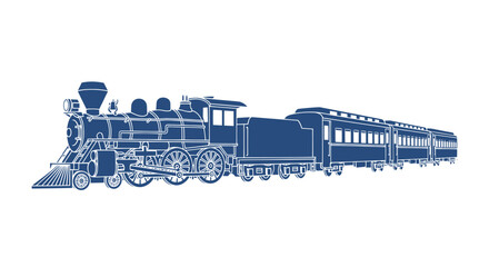 Detailed blueprint of a classic steam train engine and passenger cars. © anidaahza