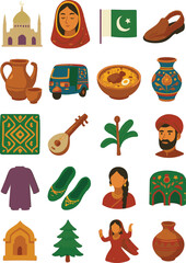 Colorful illustrations of Pakistani heritage and lifestyle icons including pottery, musical instruments, cultural clothing, truck art, people, and folk designs. Unique cultural vector set.
